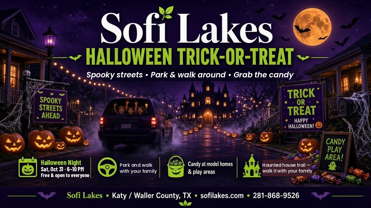 Sofi Lakes Halloween Trick-or-Treat poster — spooky decorated streets, families parking and walking around, candy at the model homes and play areas, haunted house trail. Halloween night, Saturday, October 31, 2026, 6–10 PM. Free and open to everyone. Katy / Waller County, TX · 281-868-9526